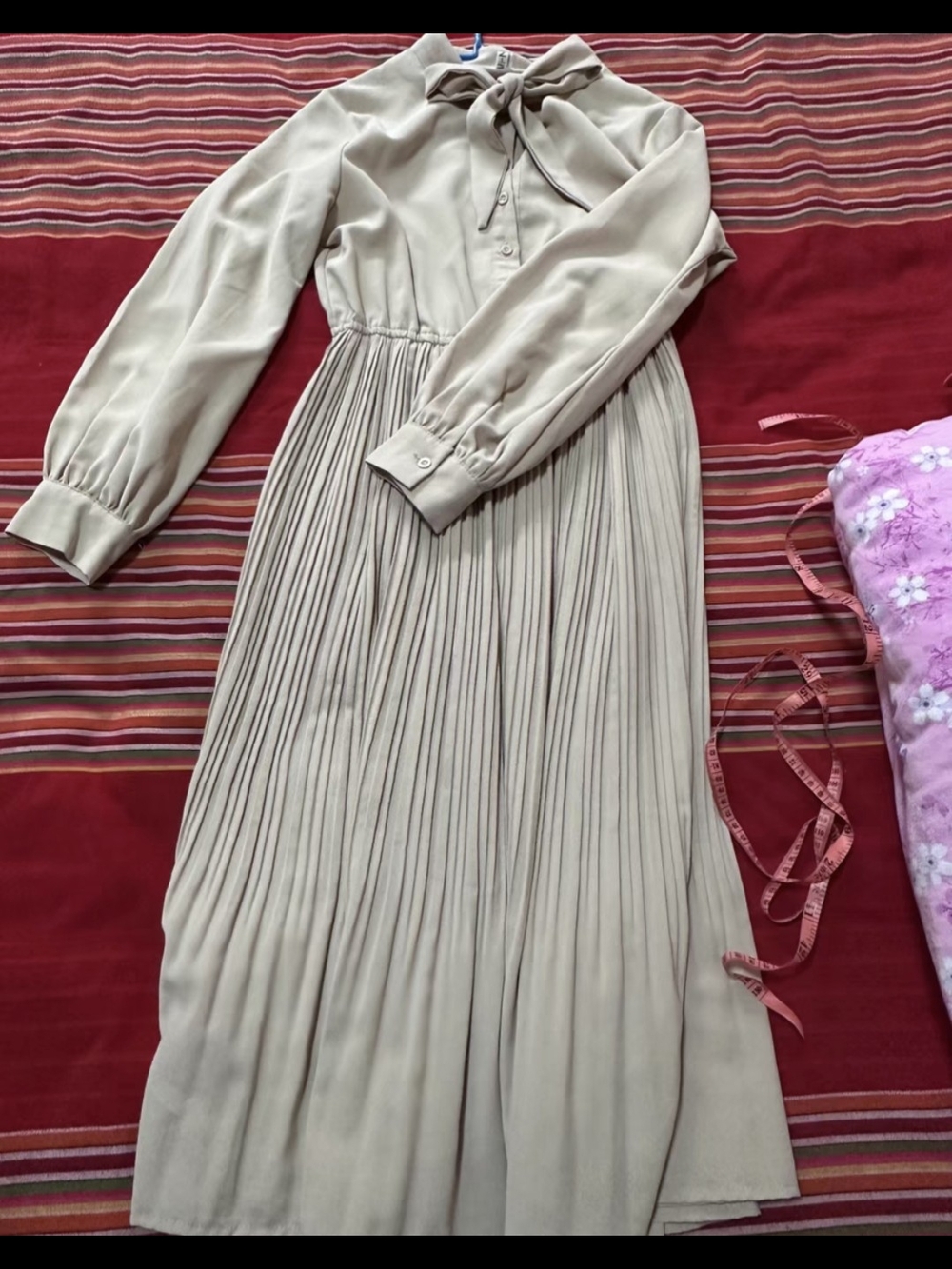 Bow-Tie Pleated Long-Sleeve Midi Dress in Light Beige